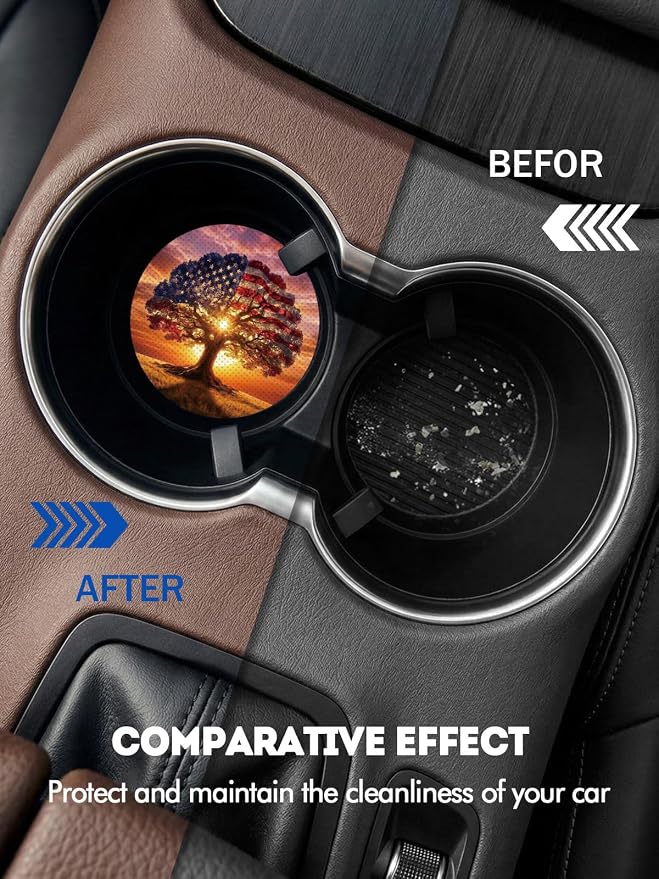 WOCOCN Car Coasters for Cup Holders - 2 Pack 2.75" Universal Rubber Car Cup Coaster, Non-Slip Waterproof Car Interior Accessories, Cute Car Decor Gifts for Women and Men (Flag Tree)