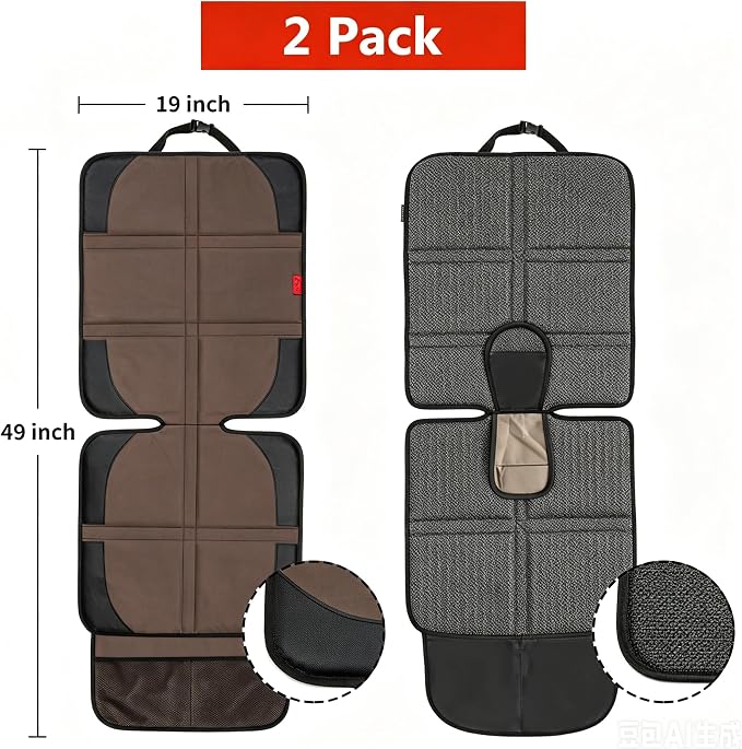 Kaiphy Car Seat Protector with Thick Padding + XL Large Car Seat Cover for Child Car seat, Eco Friendly Waterproof & Durable Fabric + 2 Storage Pockets Protect Fabric or Leather Seats 2Pack (Brown)