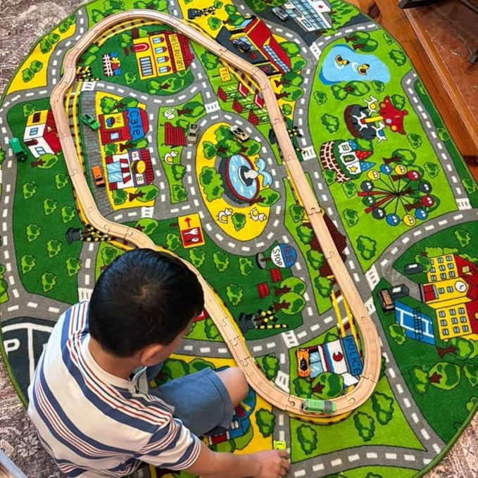 Boooooom Jackson Kids Train & City Rug, 4'11" x 6'7" | Non-Slip Washable Train & City Play Mat, OEKO-TEX Certified, Gift for Toddlers, Classroom & Playroom
