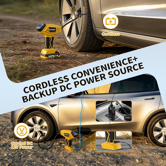 Upgraded Cordless Tire Inflator Portable Air Compressor - Adapter Compatible with DeWalt 20V Battery, With Rechargeable Battery, 160 PSI 4X Fast Air Pump, Dual Power Modes for Car, Motorcycle, E-Bike