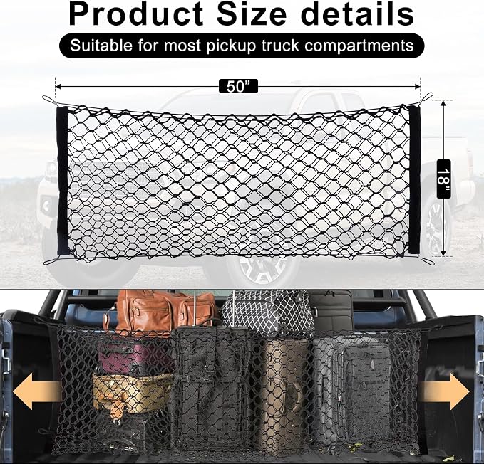 Amiss 2 Packs Cargo Net Stretchable, Adjustable Trunk Storage Net with Hook, Accessories for Pickup Bed Divider Organizer and Storage, Compatible with Chevy Silverado Ford F150 GMC (50"x 18")