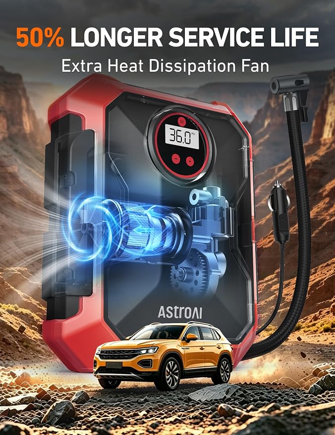 AstroAI Tire Inflator Portable Air Compressor 12V DC 100PSI, Integrated Storage, Digital Gauge, Auto Shut-Off Fast Inflation LED Light, Air Pump for Car Tires Bike Motorcycle Other Inflatables, Red