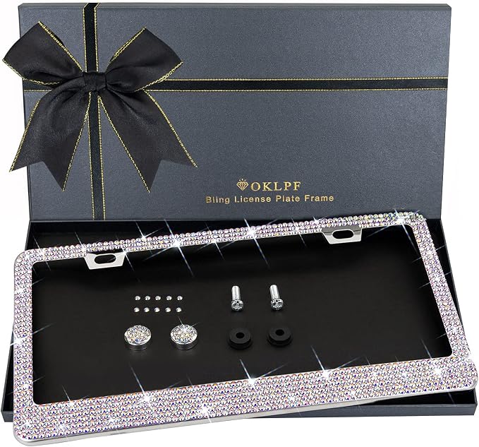 OKLPF Bling License Plate Frame for Women, 1PCS Sparkly Stainless Steel License Plate Frames| Over 1000 pcs 14 Facets Bedazzled Clear Glass Diamond Rhinestone Crystals w/Free Glitter White Diamond BOX