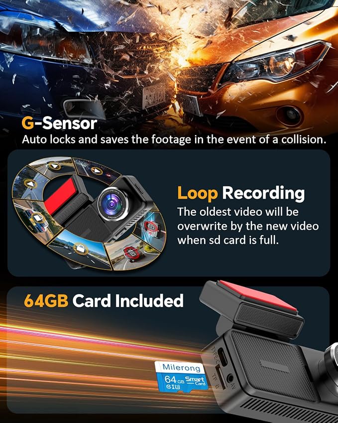 4K Dual Dash Cam Front and Rear, 4K+2K Dashcam with 5GHz WiFi & APP Control | Dash Camera for Cars with 64GB Card, 24H Parking Monitor, Night Vision, Loop Recording, G-Sensor, WDR, 3.2" IPS Screen