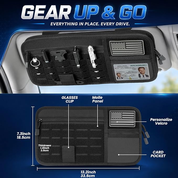 LEPHYON Tactical Car Visor Organizer with Molle Panel, Sunglasses Holder, Zipper Pockets, Heavy Duty 1000D Polyester Storage for SUV, Truck Accessories Black | molle visor organizer