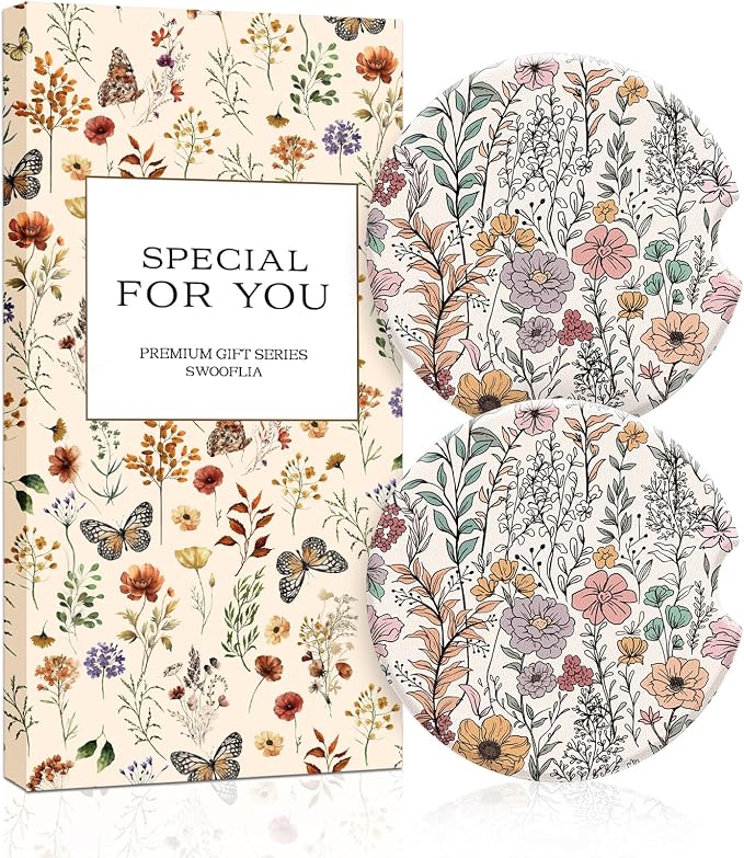 Swooflia Floral Absorbent Ceramic Car Coasters Set of 2, Cute Botanical Wildflower Cup Holder Coasters for Car, Pink Purple Floral Car Accessories for Women, Unique Gifts for Mom, Friends, Coworkers