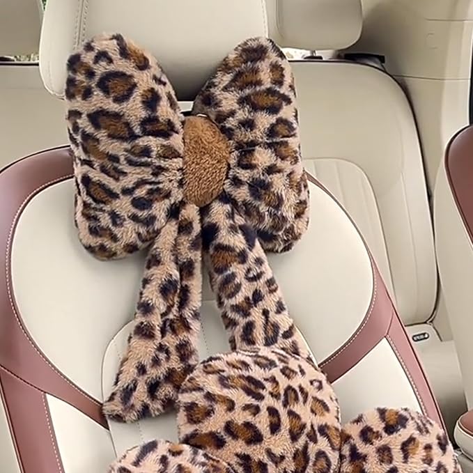 Car Neck Pillow 2PCS Plush Bowknot Car Headrest Pillow – Comfortable Neck Support for Driving Soft Touch Fabric Car Pillow Cute Interior Decor (Leopard)