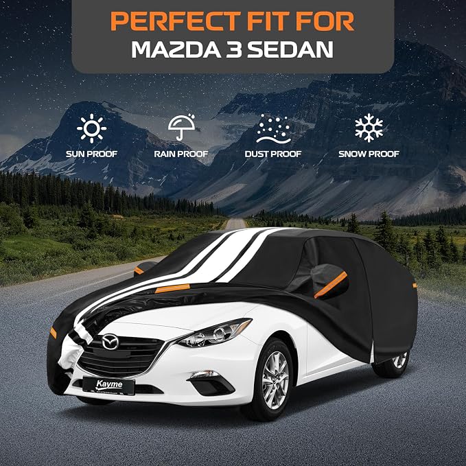 Kayme Heavy Duty Car Cover Custom Fit for Mazda 3 Sedan (2003-2026) Waterproof All Weather for Automobiles, Gift with Tape/Towel, Outdoor Full Exterior Cover Rain Snow Sun UV Protection.