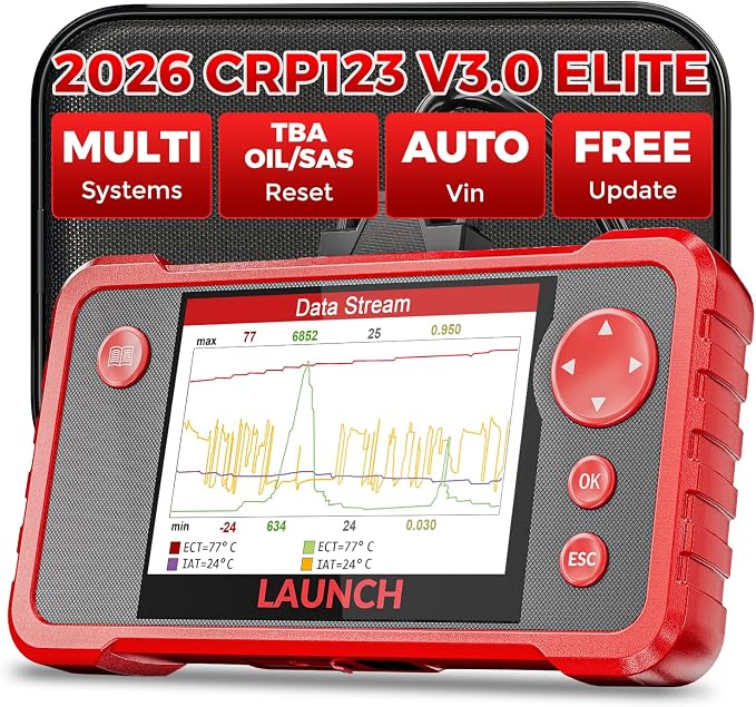 LAUNCH CRP123 V3.0 Elite OBD2 Scanner-2026 New Model Engine/ABS/SRS/Transmission Diagnostic Scan Tool SRS Airbag Code Reader,3 Reset Oil Service/Throttle Relearn/SAS Reset,Lifetime Free Update