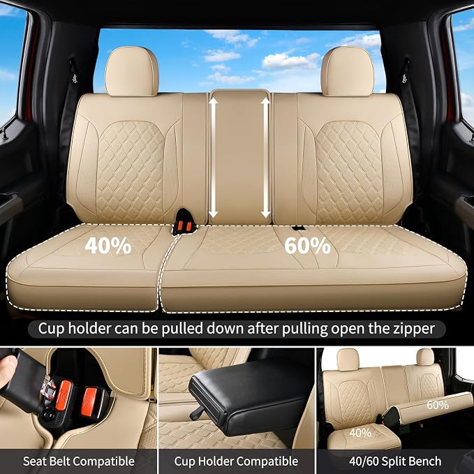 Huidasource F250 Rear Seat Covers, Beige Leather Back Seat Cushion Cover Fit for Ford F150 2015-2026&F250 F350 F450 2017-2026 Crew Cab XL XLT Lariat King Ranch Platinum, Split Rear Seat Cover