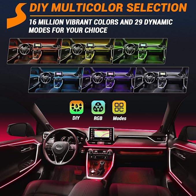Interior Car LED Strip Lights 315 inches Fiber Optic tubing USB Powered RGB 6 in 1 Car Neon with Wireless APP and Remote Control, Ambient Lighting Kits 16 Million Colors,Sync to Music