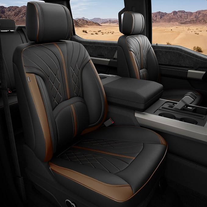 FREESOO Leather Seat Covers for Ford F150 SuperCrew/Crew Cab 2015-2026 | Fits F250/F350/F450 Super Duty 2017-2026, Custom Fit, Waterproof, Bucket Seat, Airbag Compatible, Lumbar Support, Easy-clean