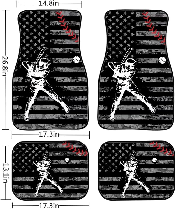 Baseball Print Car Floor Mats Set of 4 Retro American Flag Sports Ball Universal Vehicle Floor Carpet Decorative Auto Front Rear Foot Rugs for Trucks SUV Sedan