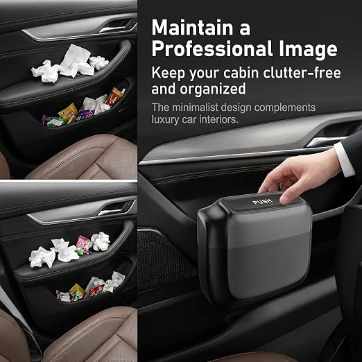 Car Trash Can with Lid, Mini Portable Hanging Clutter Canister with Trash Bags, Waterproof Leakproof Push-Button Storage Bucket, Universal Interior Accessories for Cars Trucks SUVs (Black)