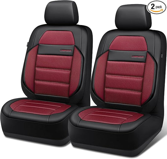 CAR PASS Memory Foam Seat Covers Front, Airy Cool Mesh Thick Car Seat Covers, Leather Car Seat Covers Front Seats Airbag Compatible, Universal Automotive Comfort for Most Cars, Trucks, SUV, Burgundy