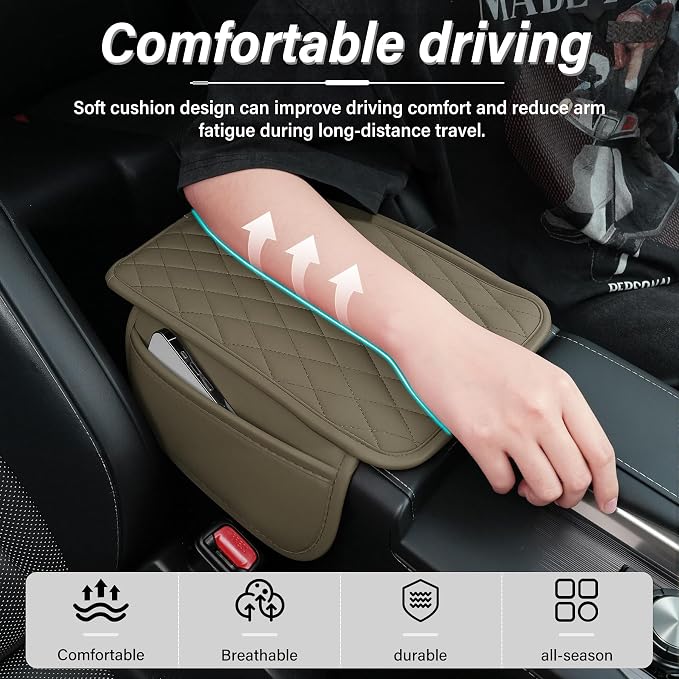 Amiss Car Center Console Cover, Upgraded Leather Car Armrest Cushion with 2 Storage Pockets, Universal Waterproof Cushion Pad, Non-Slip Car Interior Accessories, Fits Most Sedans SUVs Trucks (Beige)