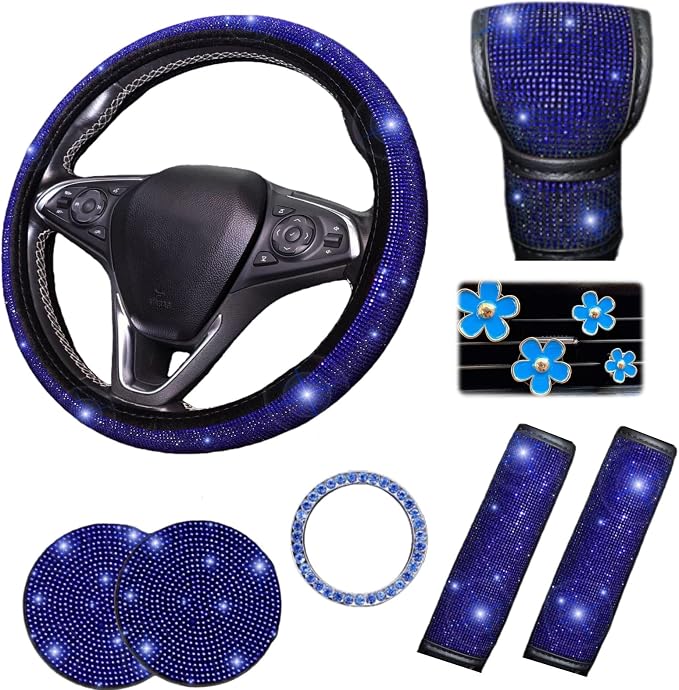 11 pcs Bling Car Accessories Set for Women,Steering Wheel Cover,Sparkly Seat Belt Covers,Daisy Vent Clips,Bling Shift Cover,Car Cup Holder Coaster,Universal Fit Most Cars (Blue Diamond)