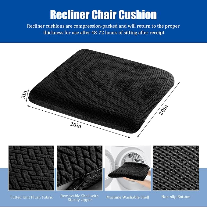HOMBYS Tufted Furry Recliner Seat Cushion for Elderly Foam Curved Edge Large Square Seat Cushion for Office Chair, Car, Floor Pillow, No Pressure on Thighs (Black)