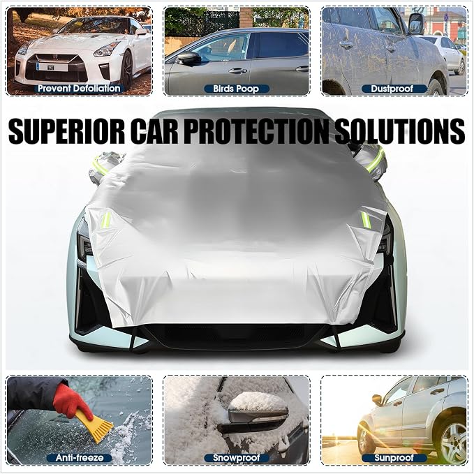 Canchiing Silver Car Half Car Cover Auto Sun Heat and UV Rays Blocker Foldable Automotive Front Windshield Sunshade Protector Easy Installation with Straps Fits Cars Sedan SUV(194" X 59",Sedan)