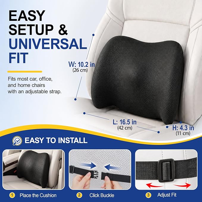 Lumbar Support Pillow for Car, Back Support Cushion for Office Chairs | Memory Foam Car Lumbar Support for Driving Seat, Adjustable Straps, Car Back Support for Long Drives, Office Chairs, Black