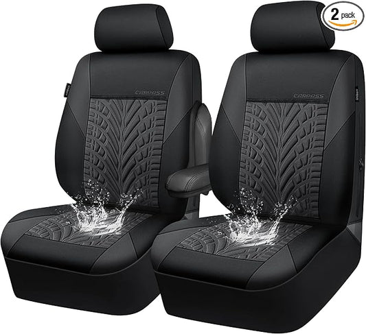 CAR PASS Neoprene Waterproof Seat Covers Two Front, Wetsuit Car Seat Covers 2pcs Universal Fit for Vans, Truck, SUV, 3D Tyre Embossed Seat Covers Anti Slip with Armrests, Aibag Compatible(Black Gray)