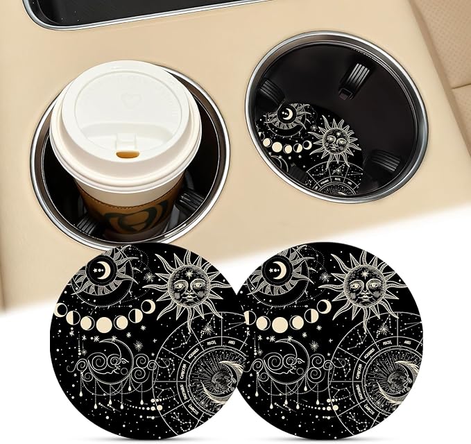 Sun Moon and Stars Car Cup Holder Coaster, 2.75" Silicone Non-Slip Cup Holder Insert Coasters, Car Accessories Interior Decorations for Women and Man 2 Pack Black (Sun&Moon)