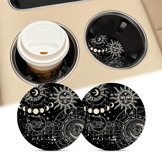 Sun Moon and Stars Car Cup Holder Coaster, 2.75" Silicone Non-Slip Cup Holder Insert Coasters, Car Accessories Interior Decorations for Women and Man 2 Pack Black (Sun&Moon)