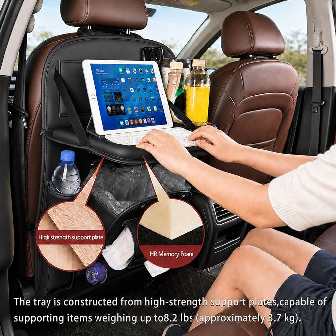 Backseat Car Organizer with Tray, 1 Pack Leather Seat Storage, Black | Foldable Tray Table,Trash Can Pocket,Kick Mat Protector,Easy-Clean Leather