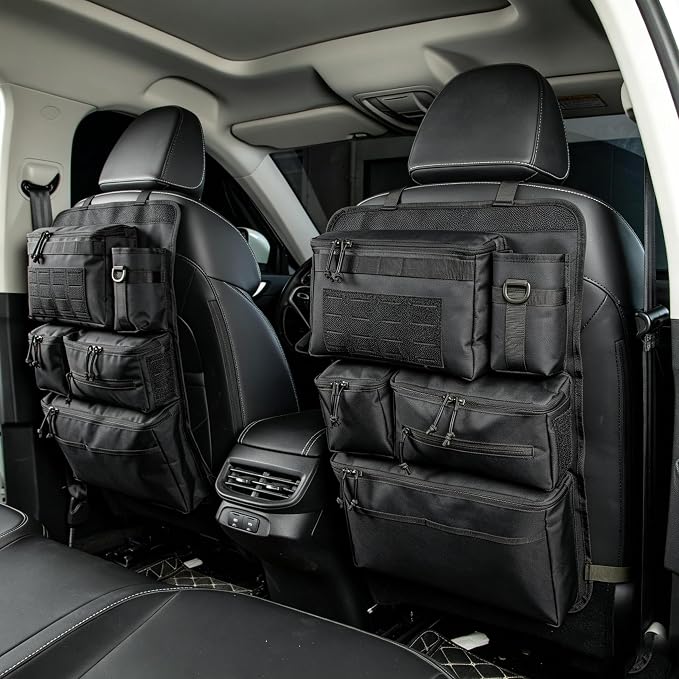 One-Piece Universal Car Seat Back Organizer with Tissue & Water Bottle Bag | Tactical Molle Car Backseat Organizer, Multi Separate Storage Compartments,for Car Truck Pickups SUVs
