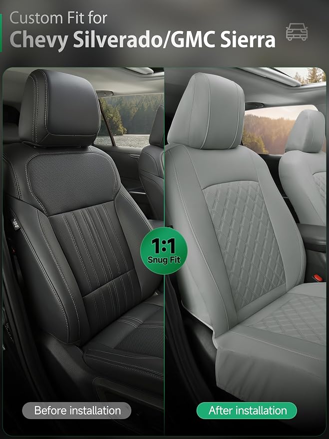 GIANT PANDA 2PCS Front Seat Covers for Chevy Silverado & GMC Sierra 1500 2500 3500 2007-2026 Crew Extended Double Cab Pickup,Custom Fit Chevy & GMC Truck Seat Protectors,Faux Leather (Solid Grey)