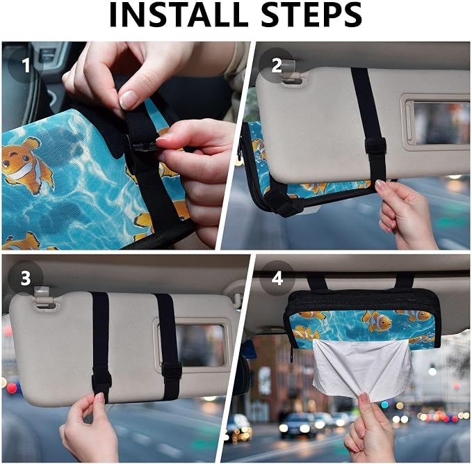 Car Visor Tissue Holder Mask Holder for Car, Car Tissue Box Sun Visor Napkin Holder Car Visor Accessories Adjustable Straps Reusable Durable Easy to Install Blue Water and Yellow Clownfishes