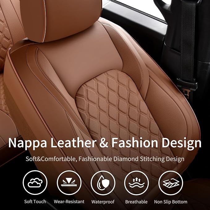 Huidasource Fit for Brown Chevy Silverado Seat Covers, GMC Sierra Seat Covers, Thickened Nappa Leather Truck Seat Cover 2007-2013&2019-2026 1500, 2020-2026 2500HD 3500HD Crew Double Extended Cab