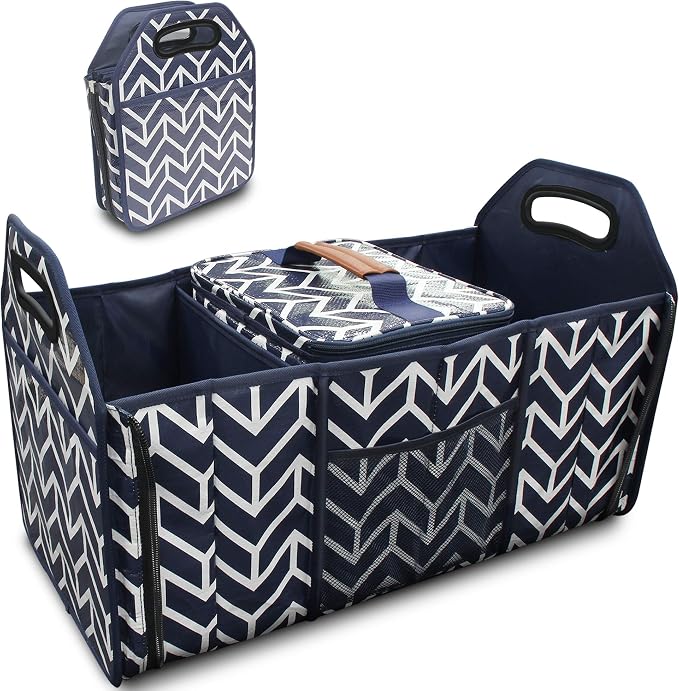 Orionstar Trunk Organizer, Foldable Car Storage Bag Insulation Cooler Bag | Collapsible Vehicle Organizer Divider Storage Totes with 3 Compartment Cargo Tote for SUV, Navy Blue