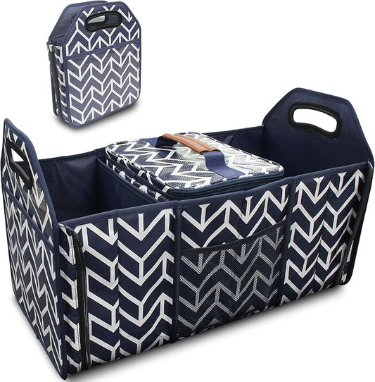 Orionstar Trunk Organizer, Foldable Car Storage Bag Insulation Cooler Bag | Collapsible Vehicle Organizer Divider Storage Totes with 3 Compartment Cargo Tote for SUV, Navy Blue