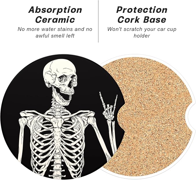Aiawoxc Car Cup Holder Coasters, 2 Pack Universal Auto Anti Slip Insert Coaster with A Finger Notch, Cup Mat for Most Car Interior, Skull