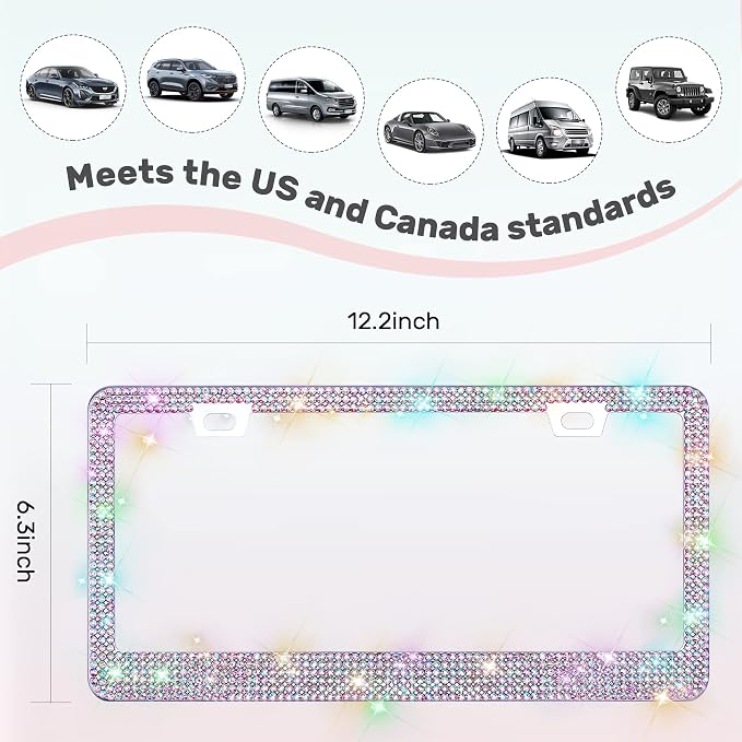 QUANQIUFEI 2 Pack Bling License Plate Frames, Sparkly Rhinestone Diamond Car License Plate Cover for Women, Stainless Steel Car Accessories with Glitter Crystal Caps (Colorful)