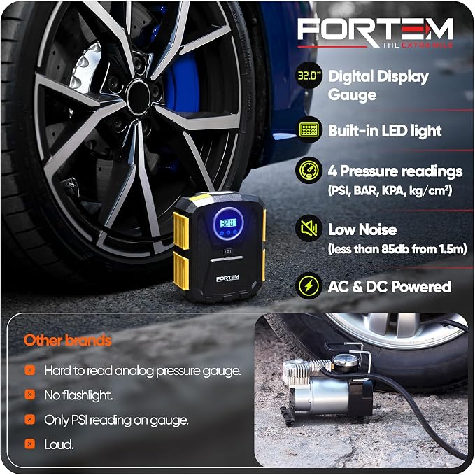FORTEM Tire Inflator Portable Air Compressor, Air Pump for Car Tires and Bikes, Car Tire Pump w/Auto Shut Off, 150 PSI, 110V AC 12V DC, LED Light, Carrying Case, Perfect For Men, Women