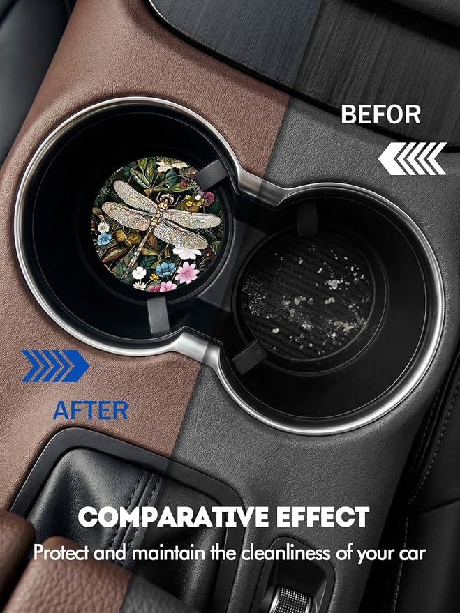 WOCOCN Car Coasters for Cup Holders - 2 Pack 2.75" Universal Rubber Car Cup Coaster, Non-Slip Waterproof Car Interior Accessories, Cute Car Decor Gifts for Women and Men (Dragonfly)