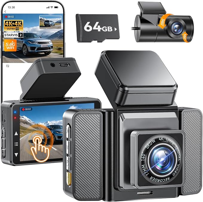 4K+4K Dash Cam Front and Rear, STARVIS SensorsFree 64GB Card,Support 256GB Max,5.8GHz WiFi Dash Camera for Cars,140°Wide Angle,3" IPS Screen, Dash Camera for Cars with 24/7 Parking Mode