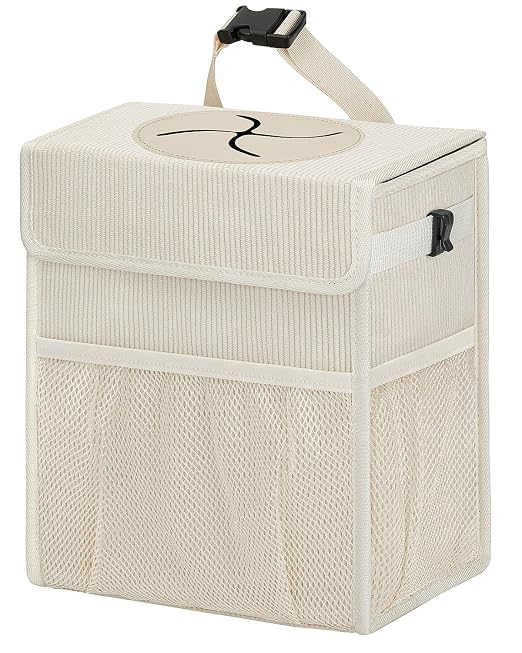 Corduroy Car Trash Can with Lid and Mesh Pockets - Leakproof Organizer,Multipurpose Waterproof Garbage Can/Trash Bin for Car(Off-White-3 Gallons)