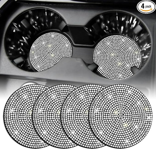 SINGARO Bling Cup Holder Coasters for Car, 4PCS Universal Non-Slip Cup Holder, Embedded Decorative Coasters, Shiny Crystal Car Interior Accessories Gifts for Women (White)