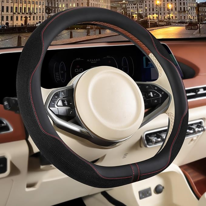 Nappa Leather Black D Shaped Steering Wheel Cover 14 inch | Non-Slip Breathable Ice Silk Fabric, Warm in Winter and Cool in Summer, Small 13.5 inch to 14 inch for Prius Civic