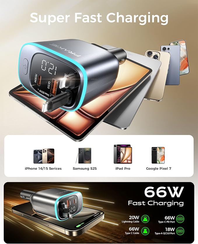 4 in 1 Car Charger, Retractable iPhone Car Charger Fast USB C Phone Charger | Cigarette Lighter with 2 Cable 25 Inch and 2 USB Ports, Multi Port USB Car Charging for iPhone 17/16/15/14/13 Pro Max-2Pack