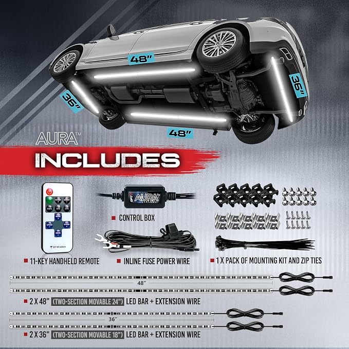 OPT7 Aura Aluminum White Underglow Lights for Car with Remote Control | Rigid LED Light Bars, Bright White Ground Glow, Waterproof Exterior Underbody Lighting, 12V Car Accessories, Universal Fit