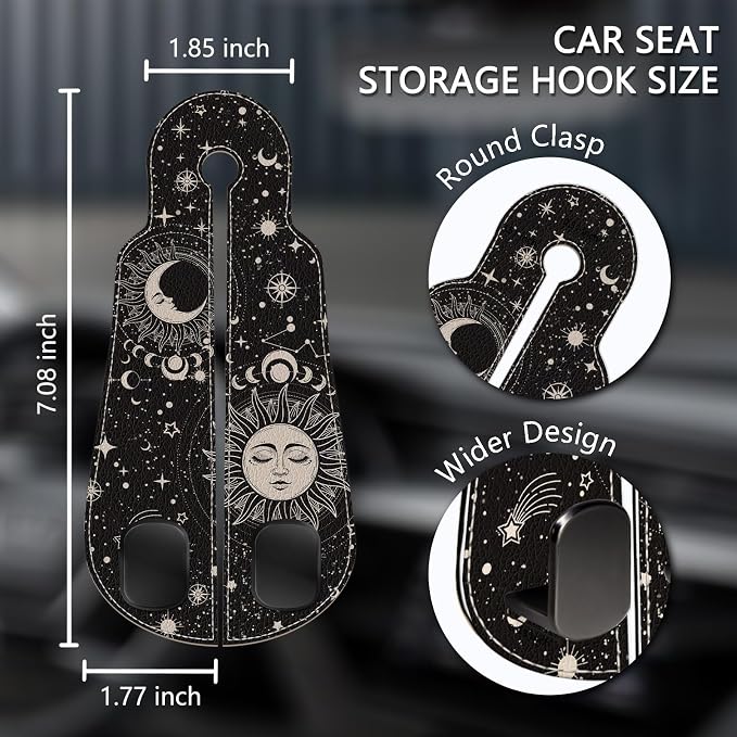 Blusabaca 2PCS Car Seat Back Storage Headrest Hooks, Sun and Moon Purse Holder Bags Hanger, PU Leather Double Metal Hook for Backseat Organizer, Women Car Accessories Organization