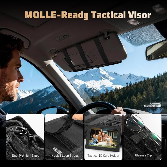 OneTigris Tactical MOLLE Sun Visor Organizer, Car Visor Panel EDC Storage | Features multi pockets with zipper pouch, detachable photo/ID panel, and glasses clip for versatile vehicle storage