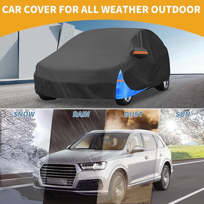 Waterproof All-Weather Universal Car Cover with Right Side Zipper, 190T Polyeste Black Blue Fits for Hatchback Up to 163" Length