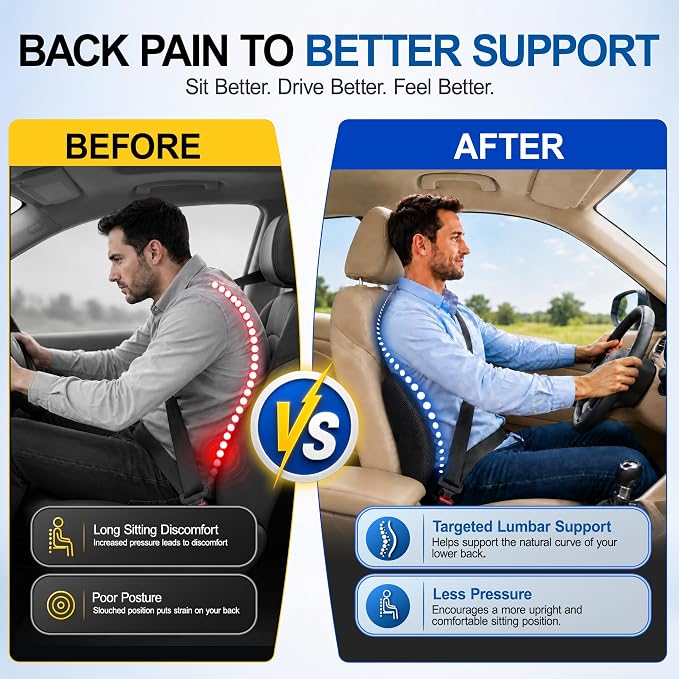 Lumbar Support Pillow for Car, Back Support Cushion for Office Chairs | Memory Foam Car Lumbar Support for Driving Seat, Adjustable Straps, Car Back Support for Long Drives, Office Chairs, Black