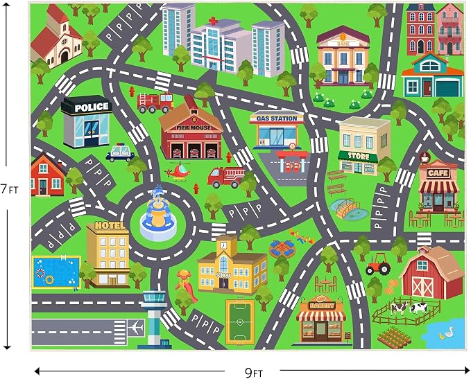 Kids Rugs for Playroom - Soft & Non-Slip 7*9 Feet Town City Road Map Cars Play Mat, Childrens Road Carpet Washable Rug for Classroom Nursery Bedroom Boys