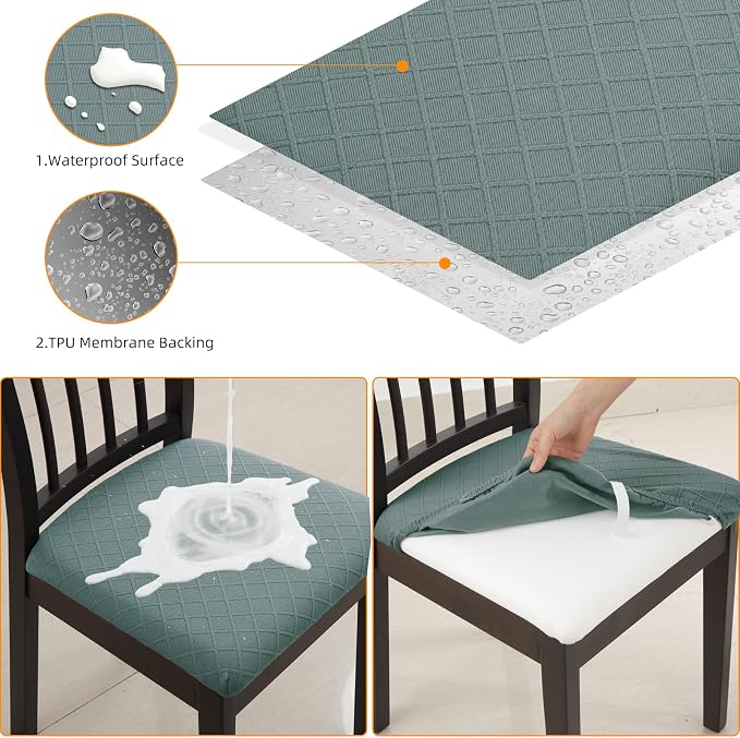 Fuloon Waterproof Seat Cushion Covers 6 PCS, Stretch Jacquard Chair Seat Covers Washable Dining Room Chair Slipcovers Removable Kitchen Cushion Protector (6, Waterproof-Dark Green)